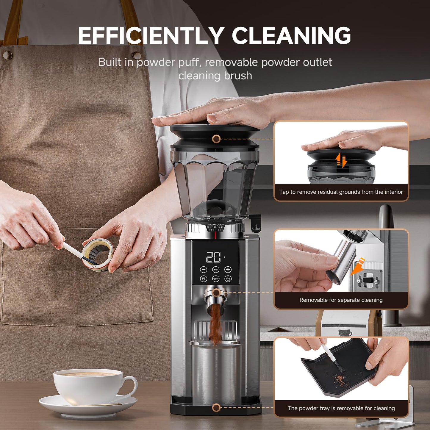 Burr Coffee Grinder with 45 Grind Settings, 40mm Conical Burr, Anti-Static Technology, Touchscreen Control, 300g Bean Hopper, Stainless Steel Body, for Espresso to French Press, Easy to Clean