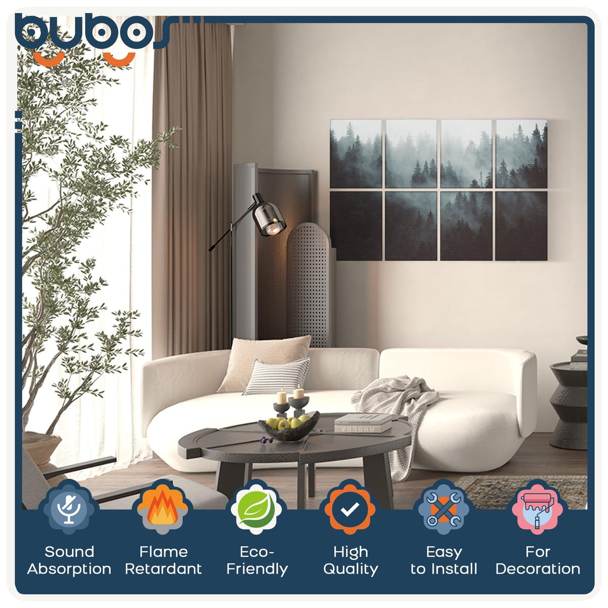 BUBOS 8 Pack Art Acoustic Panels Soundproof Wall Panel,47.2X31.4 Inches Sound Absorbing Panel,Self-Adhesive Decorative Acoustical Wall Panels, Acoustic Treatment for Ceiling Home Office（Fog Forest）