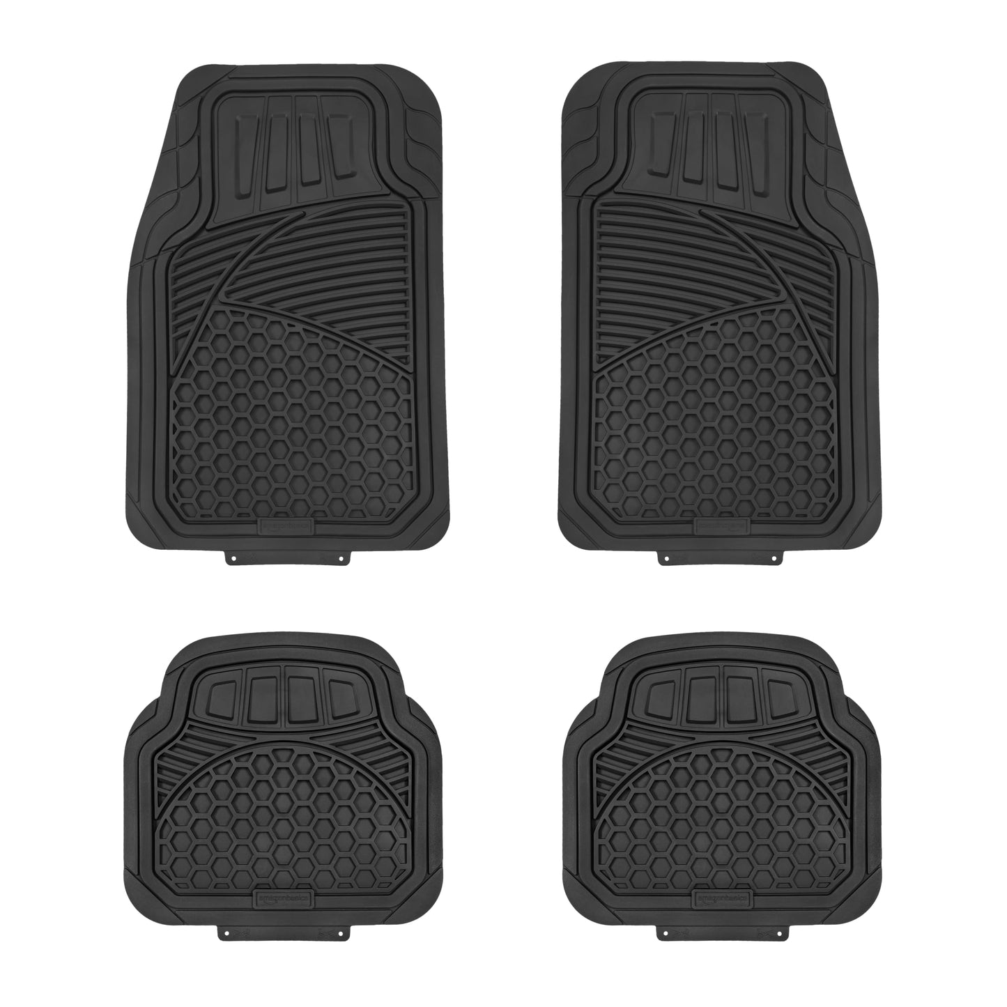 Amazon Basics Heavy Duty Car Floor Mat, PVC Faux Rubber, with Carpet Backing, Universal Deluxe All-Weather Trim to Fit for 95% Automotive SUV Sedans Trucks, 4-Piece, Solid Black
