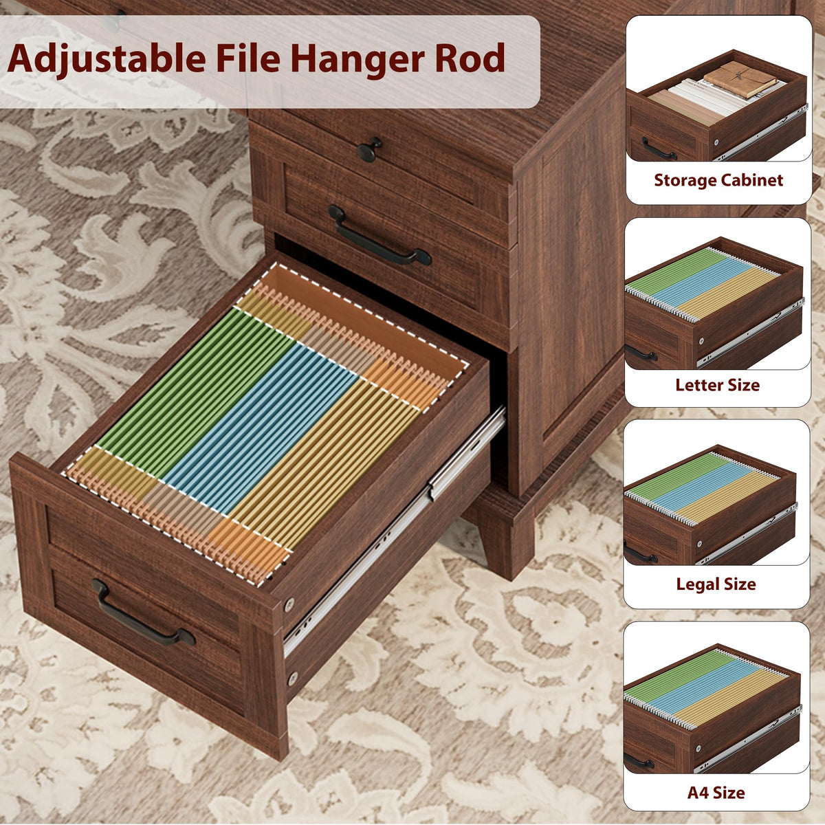 GarveeHome Executive Desk with Drawers, Farmhouse Home Office Desk with Charging Station, 53.54 in Wooden Computer Desk with File Cabinet Storage for Work Study Writing,Walunt Brown