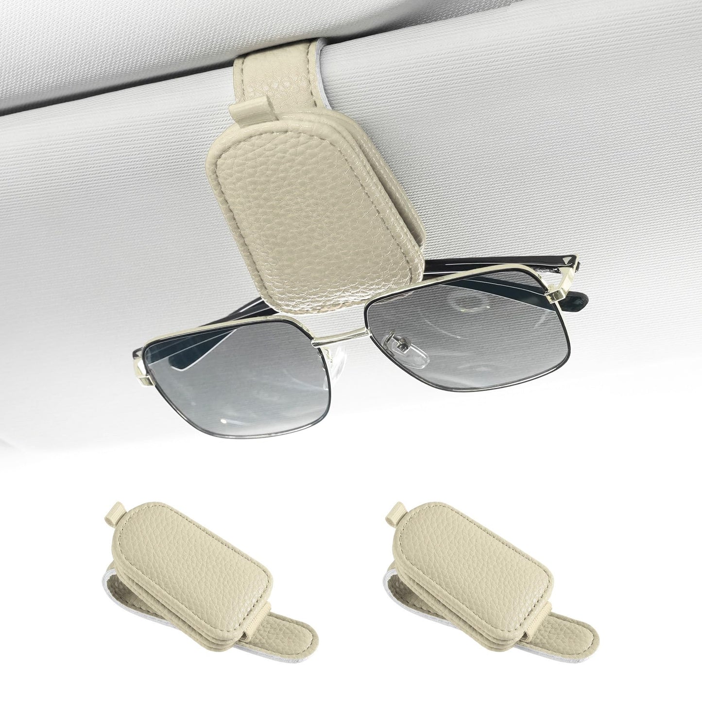 SINGARO Sunglasses Holder for Car, Leather Magnetic Buckle Sun Visor Sunglass Clip, Ticket Card Storage Glasses Clip, Car Interior Accessories for Men and Women（2PCS Beige）