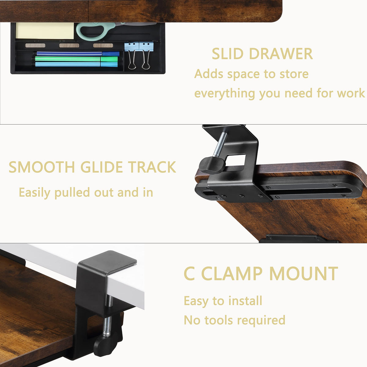 ETHU Keyboard Tray Under Desk, 19.7" X 11.81" Small Size Keyboard Drawer with C Clamp-on Mount Easy to Install, Computer Keyboard Stand Slide Pull Out, Ergonomic Keyboard Tray for Home, Office