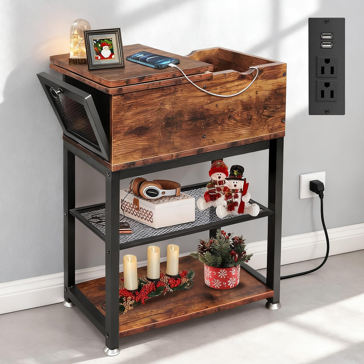 End Tables for Living Room, 28 inch Tall Side Table, End Tables with USB Ports and Outlets, 8.4" Super Deep Drawer, Flip Top End Table with Charging Station, Sturdy Steel X-Shaped Frame, Holds 216lbs