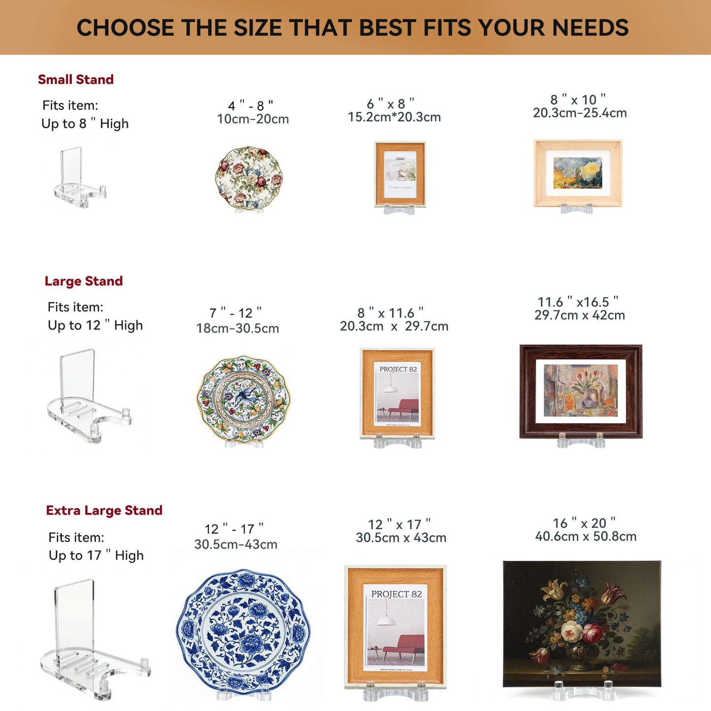 milldou Acrylic Easel Display，Plate Stand for Display，Adjustable Clear Display Holder for 7" to 12" Platter, Book, Card, Frame, Picture, Artwork, Plaque ( Large-1pc 7"-12")