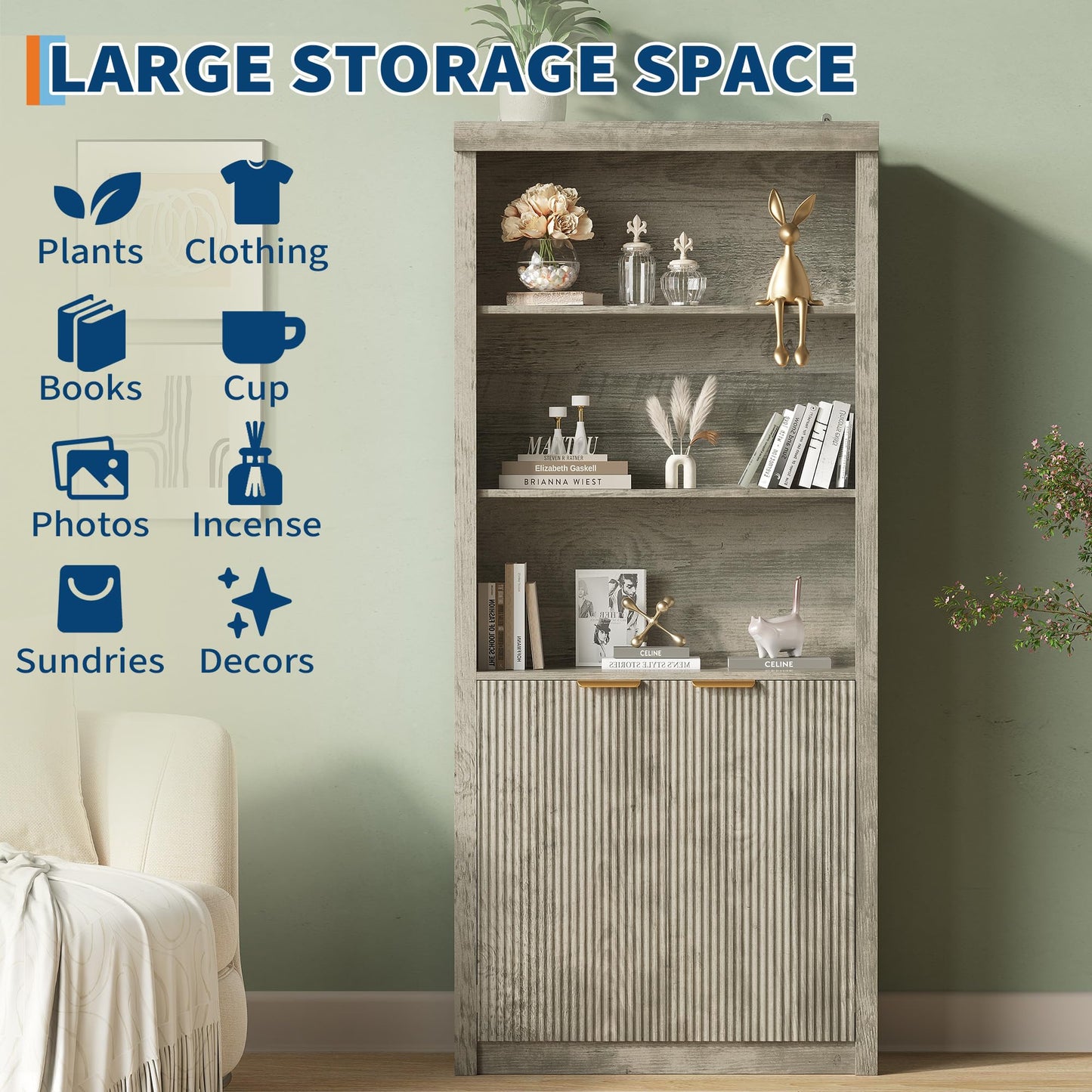 Modern Tall Book Shelf and Bookcase, 31.5"Wide Bookshelf with Doors, Farmhouse Book Case with Adjustable Top Shelf, Wood Storage Cabinet with 5 Tier Display Shelves for Home Office, Living Room,Grey