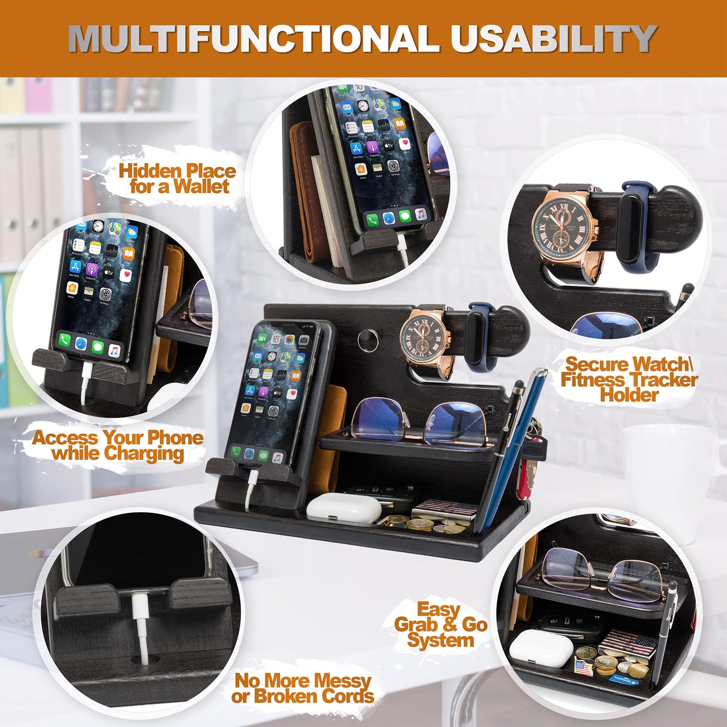 TESLYAR Wood Phone Docking Station for Men - Desk or Nightstand Organizer - Birthday Gifts for Husband, Dad - Anniversary Idea from Wife - Key Holder, Stand Wallet, Watch & Essentials (Granite Black)