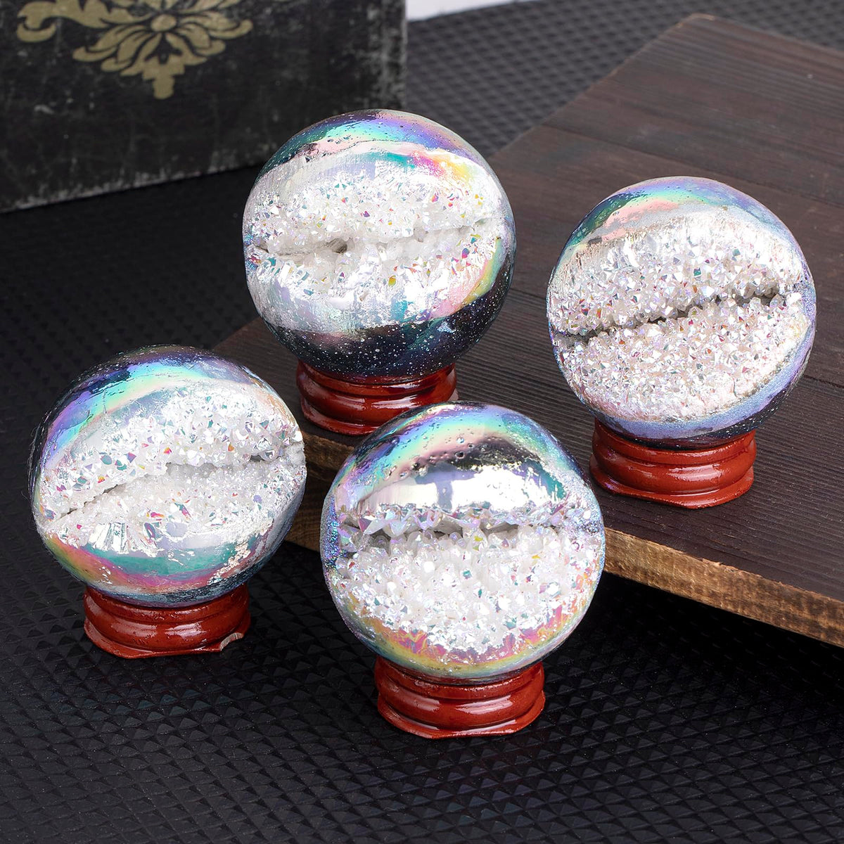 mookaitedecor Angel Aura Quartz Geode Sphere 51-60 mm, Natural Rock Crystal White Titanium Coated Crystal Ball with Stand for Divination Witchcraft Home Decor