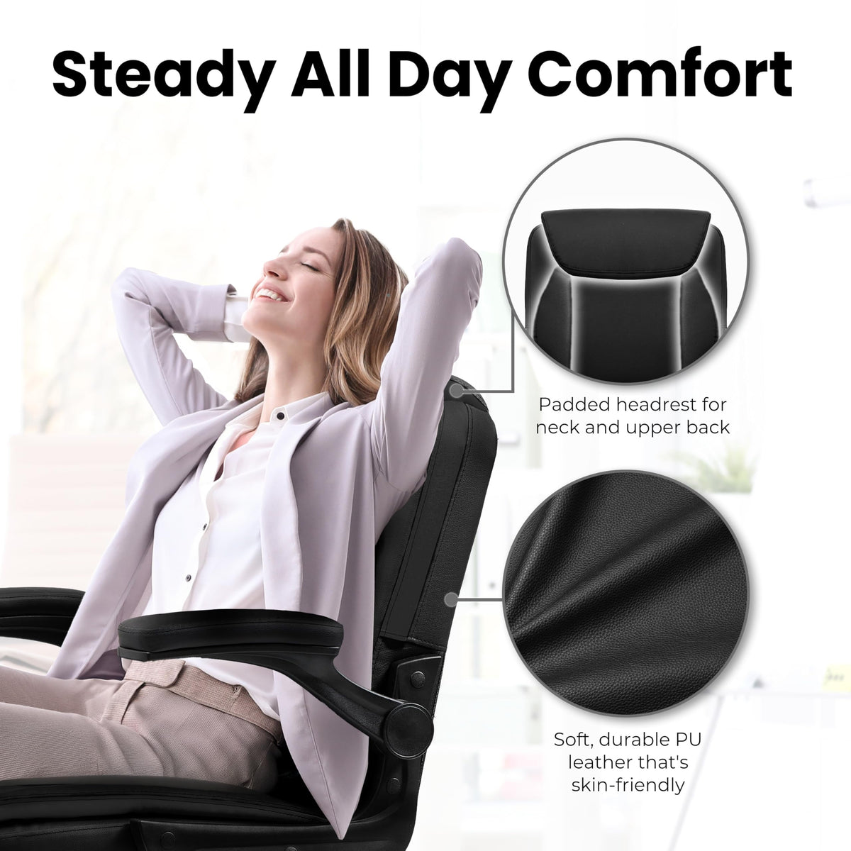 NEO CHAIR Desk Office Gaming Computer Chair Ergonomic Executive Mid-Back Leather with Adjustable Padded Flip-Up Armrests Cushion Wheels Swivel for Home Study Task (Black White)