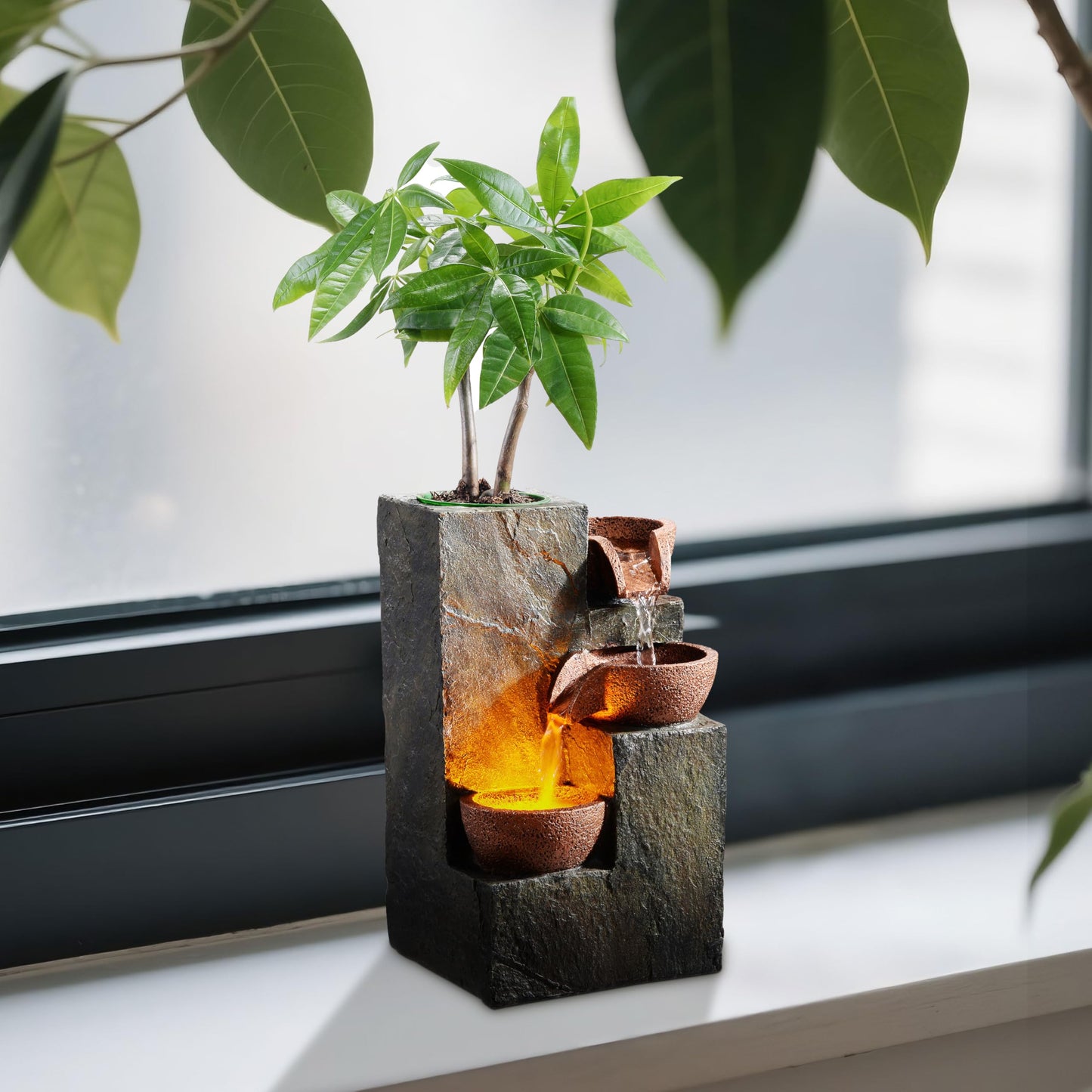 MSEONWXI Tabletop Indoor Water Fountain – 3-Tier Rock Waterfall Fountain with Warm LED Light and DIY Planting Pot – Relaxing Small Water Feature for Desk or Home Decor (23061)