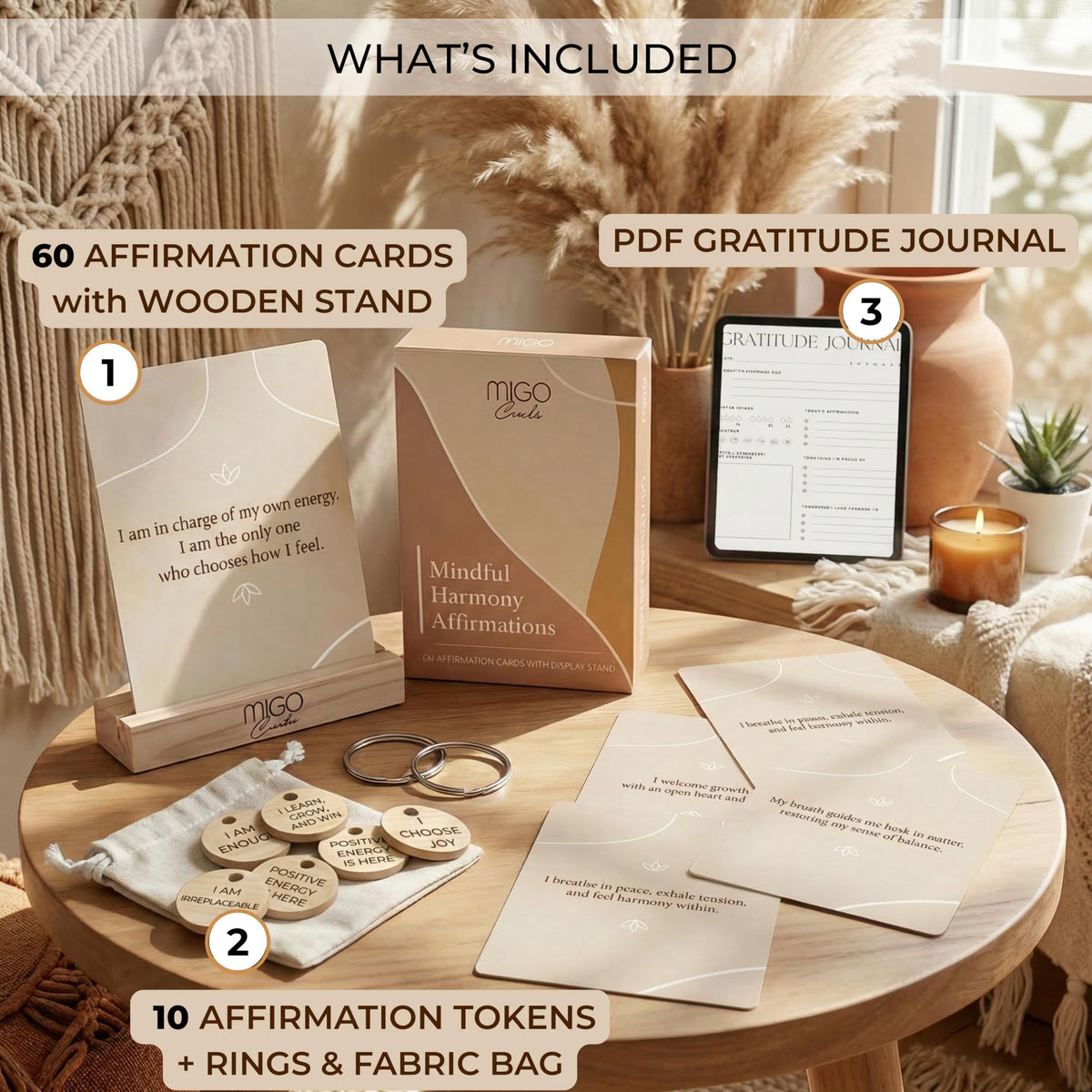Mindful 60 Positive Affirmation Cards for Women with 10 Inspirational Tokens, 2 Rings & Display Stand, Daily Affirmations for Inspiration & Self Care, Unique Gift Cards for Women and Men