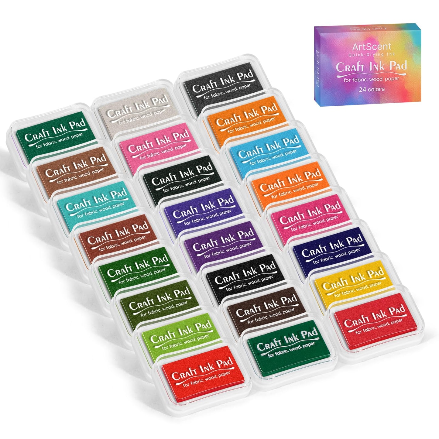 Artscent Craft Ink Pads for Stamps, Pigment Rainbow Stamp Pad Set for Scrapbook Supplies, Paper, Wood, Rubber Stamping, Card Making, DIY Crafting, Fabric Inkpad (24-Color high-Pressure Cotton)