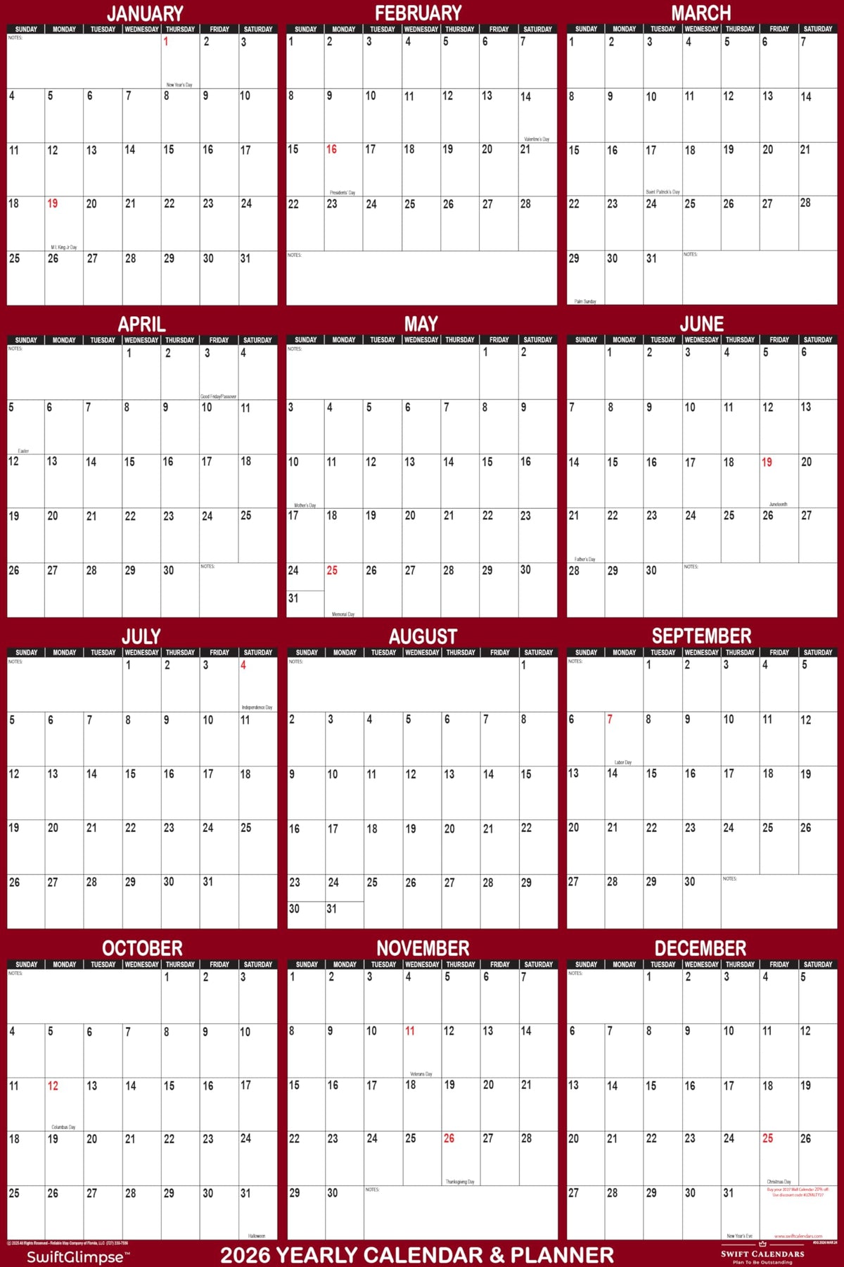 32" x 48" SwiftGlimpse 2026 Wall Calendar Erasable Jumbo XL Wet & Dry Erase Laminated 12 Month Annual Yearly Wall Planner, Reversible, Horizontal/Vertical, Maroon