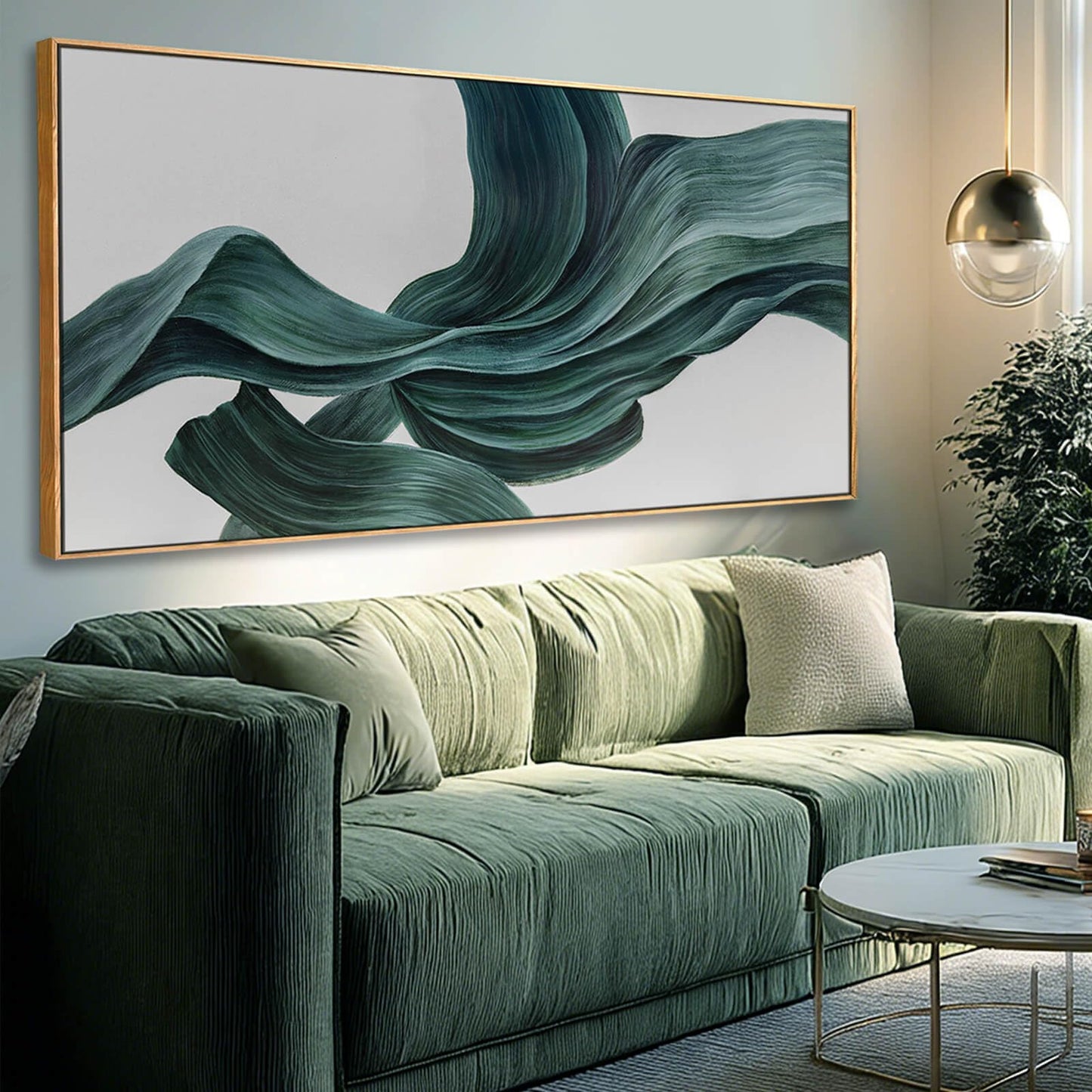Green Abstract Wall Art 24x48 Inch, Large Framed Canvas Painting with Wooden Frame, Modern Minimalist Wall Decor for Living Room Bedroom or Office