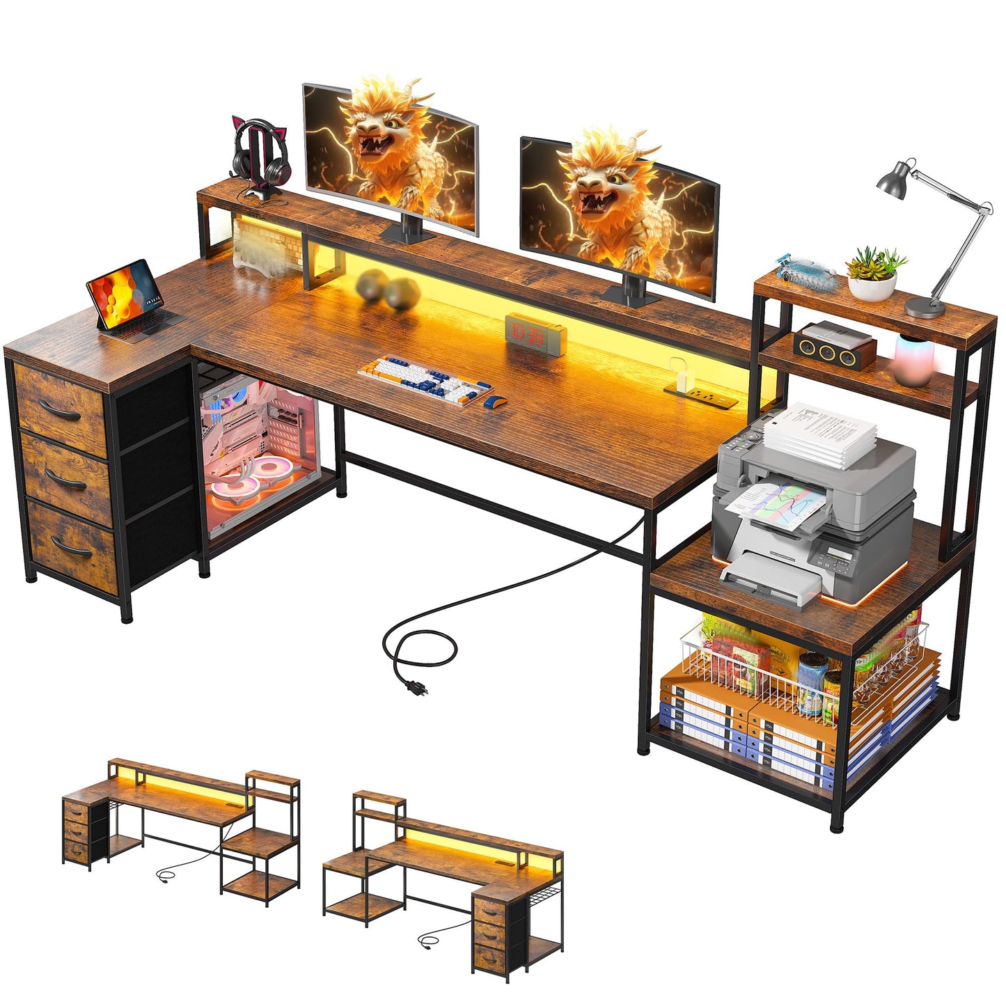 EnHomee 71" L Shaped Computer Desk with 3 Drawers & Hutch,Reversible Gaming Desk with LED Lights & Power Outlet,Home Office Desks with Monitor Stand & Printer Shelf for Student School Rustic Brown