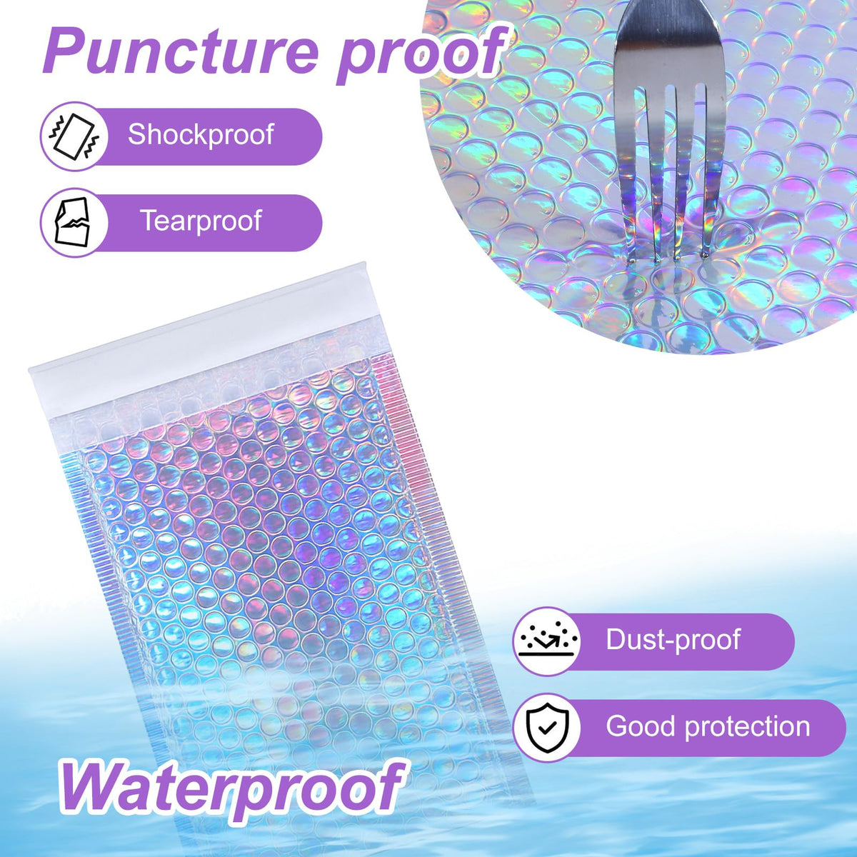50 Pack Bubble Mailers, Holographic Bubble Mailers with 3 Sizes, Waterproof Self Seal Adhesive Foil Glitter Glamour Shipping Bags for Mailing, Packing, Small Business, Jewelry Makeup Supplies