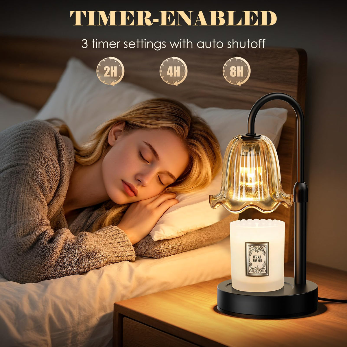 Candle Warmer Lamp with Timer, Birthday for Women Mom, House Warming Gifts Modern Farmhouse Home Decor, Dimmable Wax Melt Warmer for Jar Candles with 2 Bulbs (Amber)