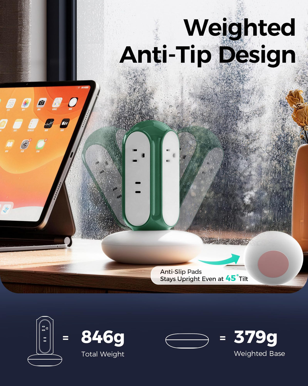 MiaoLab Power Strip Tower with 2 USB-C Ports (30W Fast Charing), 1420J Surge Protector, 4 AC Outlets, 6.6FT Extension Cord with Overload Protection, 1875W/15A Charging Station for Home Office Desk