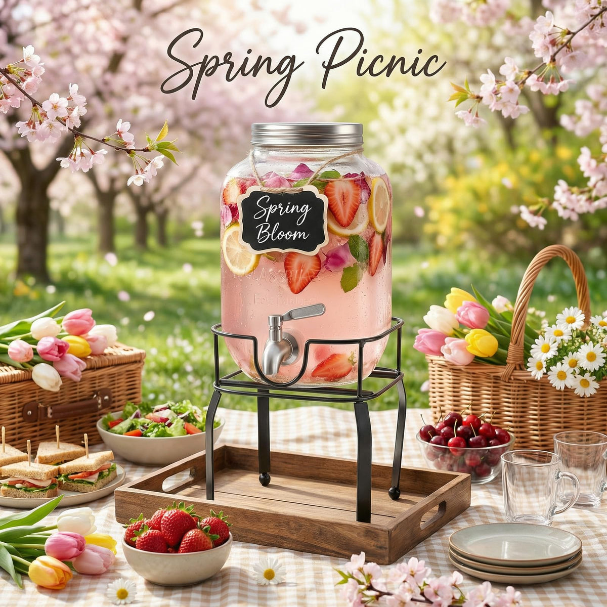 RuileMei 1 Gallon Glass Drink Dispensers For Parties,Beverage Dispenser with Stand,304 Stainless Steel Spigot Leakproof,Lemonade Dispenser for Sun Tea, Homemade Juice