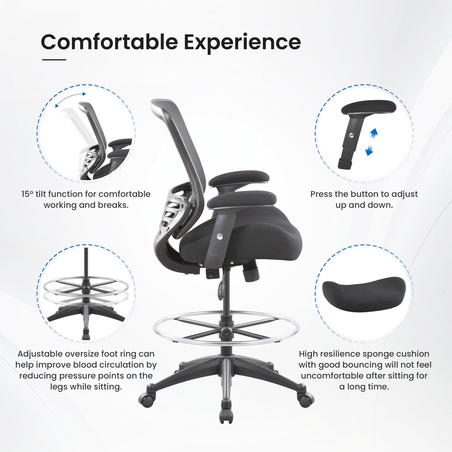 BOLISS 400lbs Mid Back Mesh Ergonomic Drafting Chair for Standing Desk Office Wide Chair Built-in Lumbar Support Big Adjustable Foot Ring Height Adjustable Armrest (Black)