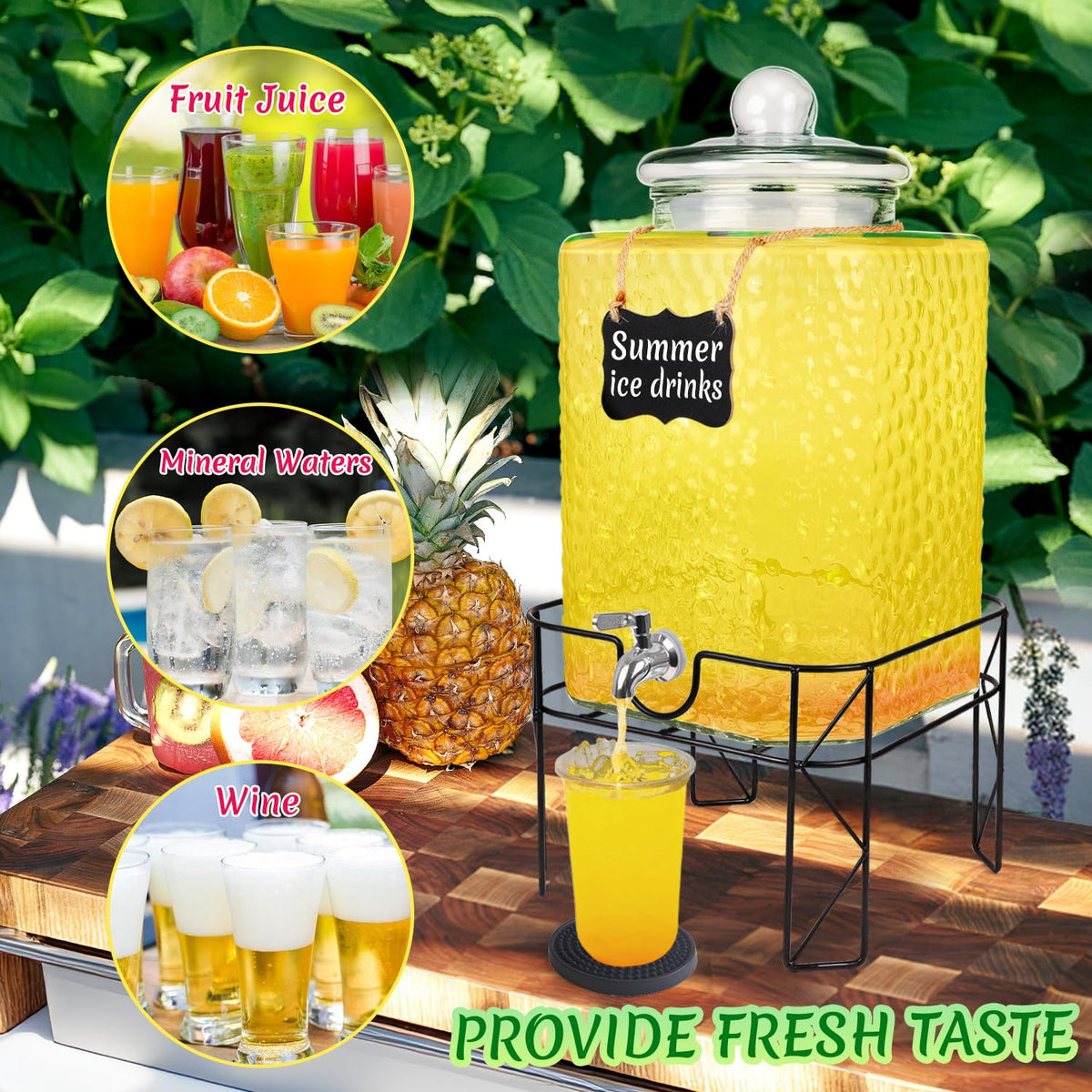 FULJOOY 4.6 Gallon Glass Beverage Dispenser with Stand Beverage Dispensers with Ice Cylinder Steel Spigot Hanging Chalkboard Signs Drip Trays Drink Juice Dispenser with Lids for Party Wedding Kitchen