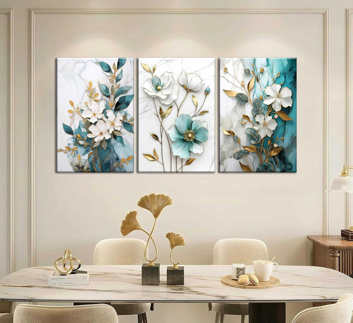 3Pcs White Gold Flower Canvas Wall Art Modern Luxury Blue White Gold Abstract Marble Floral Botanical Painting Picture Wall Decor Poster Print Artwork for Living Room Bedroom Home Decoration