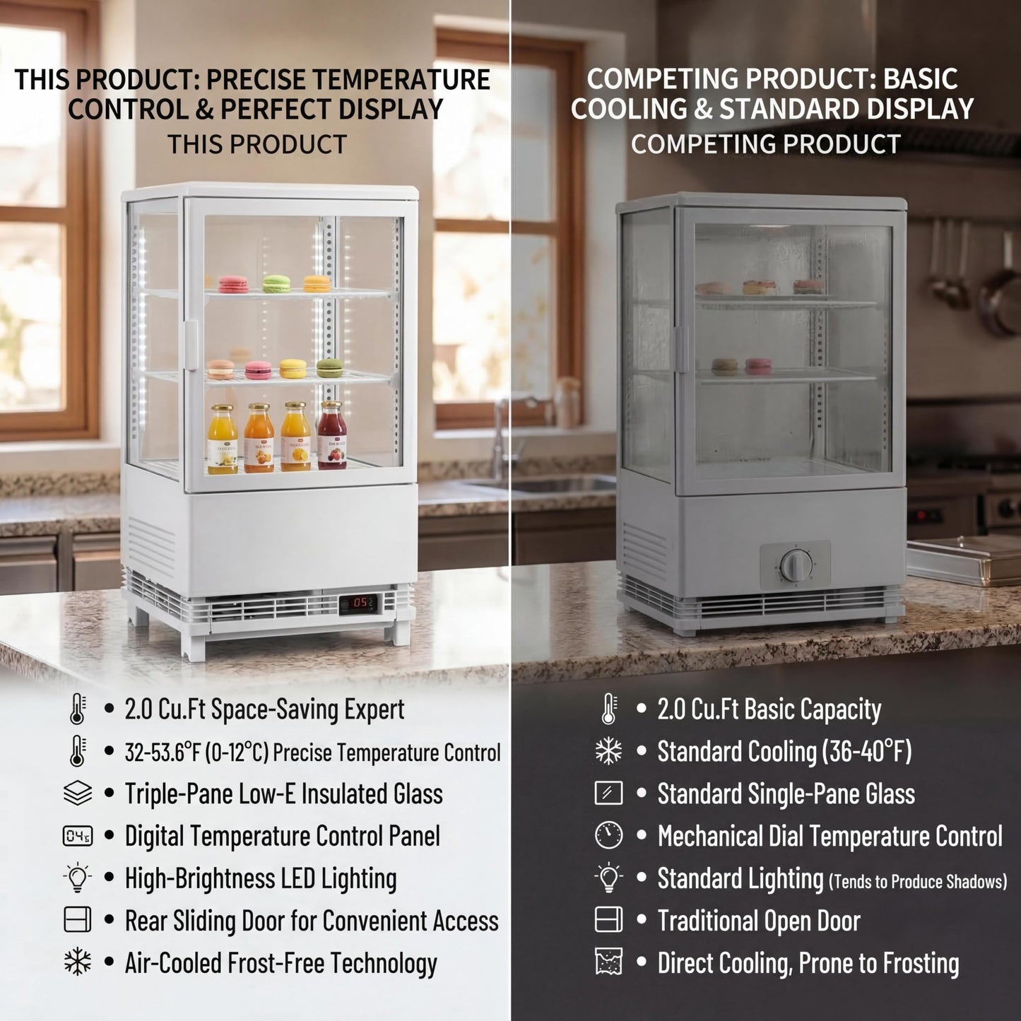 Countertop Display Refrigerator 2.0 Cu.ft, LED Light, Air-Cooling, Sliding Door, Adjustable Shelves, Automatic Defrost, Commercial Mini Fridge for Bakery, Cafe, Restaurant, White