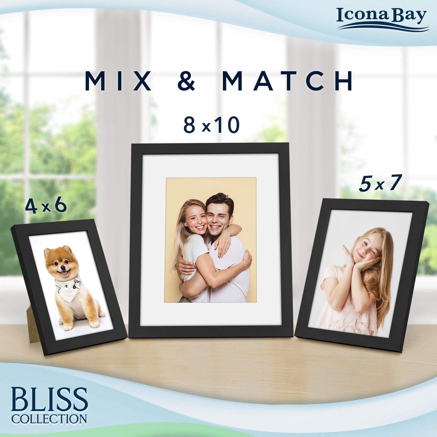 Icona Bay - 8x10 Picture Frames with Removable Mat for 5x7 Photos - Black, 5 Pack - Modern Style Engineered Wood Frames - Table Top or Wall Mount - Bliss Collection