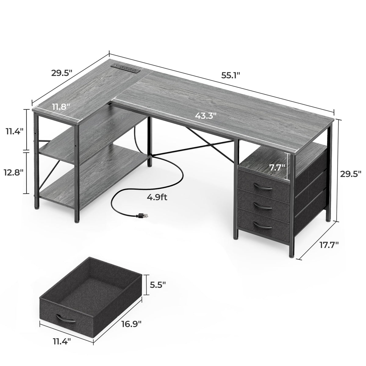 Huuger L Shaped Office Desk with Power Outlets, 55 Inch Computer Desk with 3 Drawers, Shelves, Reverisble for Gaming Corner Work Home Office Study, Grey