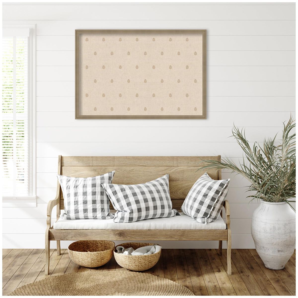 Kate and Laurel Framed Fabric Pinboard 38 x 26, Beige Botanical Block Print Printed Linen Classic Bulletin Board for Use as a Vision Board or Wall Organization, Florence Light Brown Frame