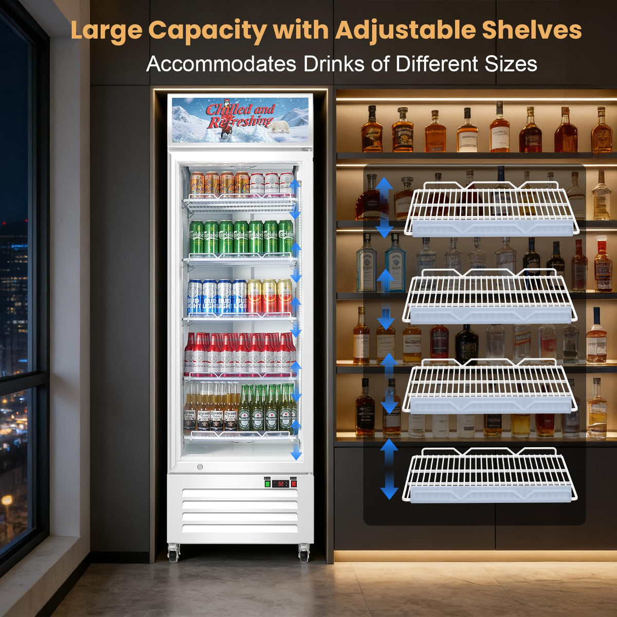 Velieta Commercial Beverage Refrigerator with Glass Door, 383L Display Fridge Beverage Cooler with Customizable Lightbox Adjustable Shelves, Drink Fridge Merchandiser for Restaurant Shop, White