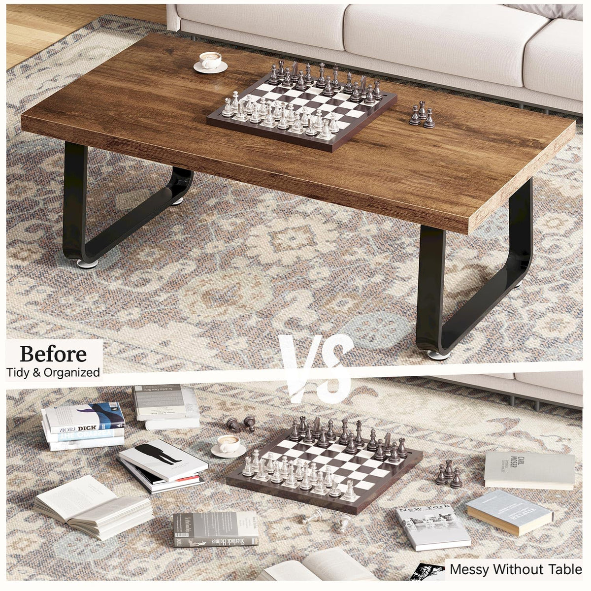 HSH Wooden Coffee Table, Industrial Rectangle Center Table, Modern Minimalist Coffee Table for Living Room, Farmhouse Wood and Metal Cocktail Tea Table for Bedroom Home Office, Rustic Brown, 47 in