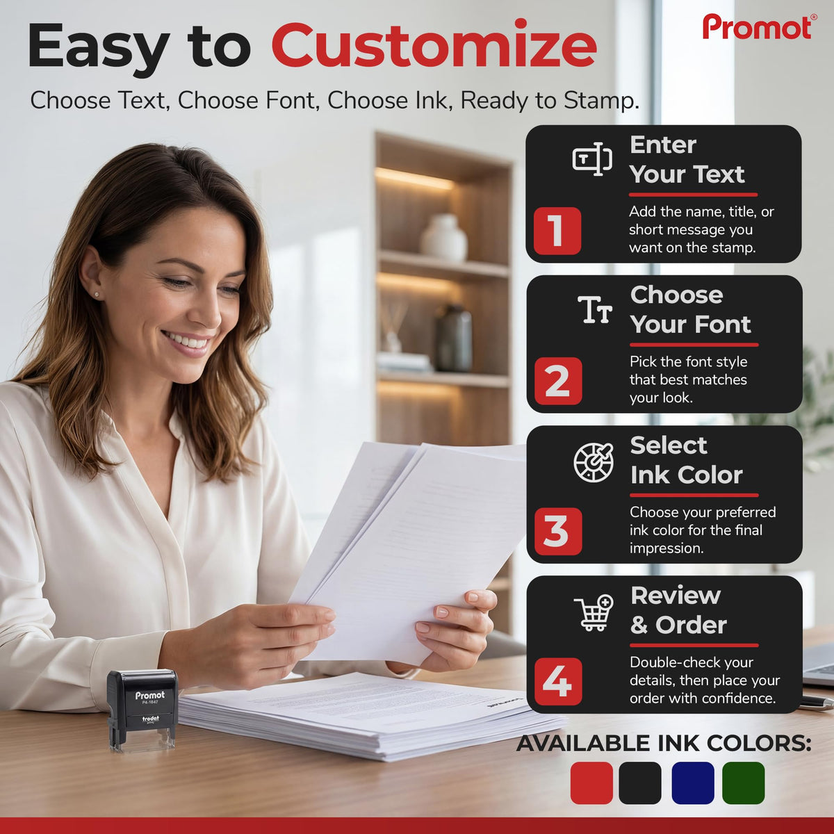 Promot Self Inking Custom Stamp - Up to 4 Lines of Personalized Text, Customized Address Stamp with Easy to Change Ink Cartridge (Medium)