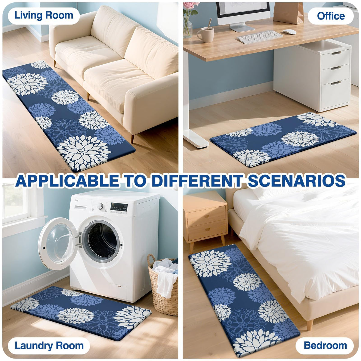 SofterCharm Kitchen Mats, 2PCS Non-Slip Cushioned Rugs, Anti-Fatigue Waterproof Floor Rug, Washable Standing Desk Mat, Home Laundry Office Apartment Decor and Accessories (17.3" ×47" +17.3" ×30"-Blue)