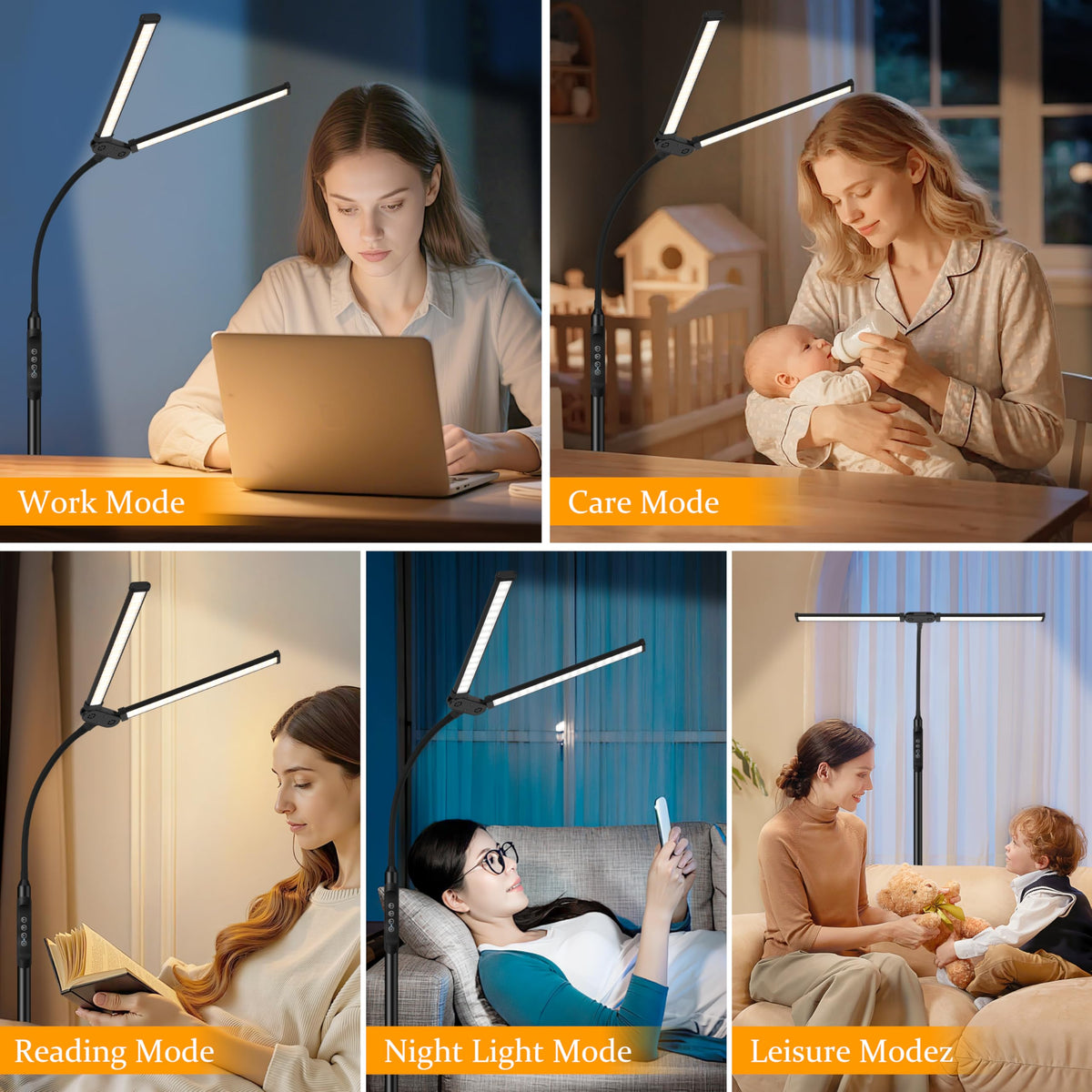 JhauvMw Dual Head LED Floor Lamp 18W, 3 Color Modes 10 Brightness, Pole Controller & Magnetic Remote, Adjustable Gooseneck, Built-in Wire, USB Eye-Caring Lamp for Living Room, Reading, Office