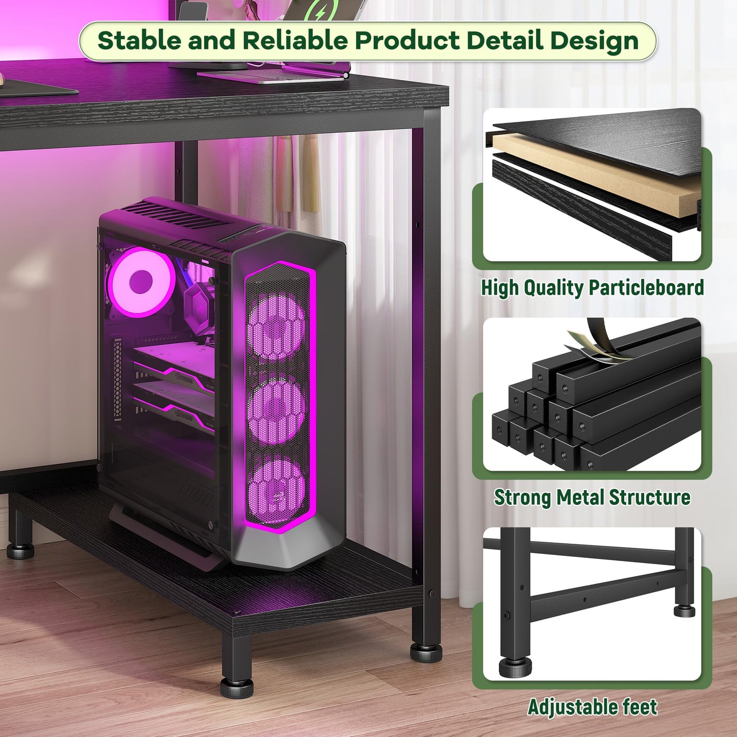 DurayLoly 39.3" Gaming Desk with Power Outlet and LED Lights,Computer Desk with Adjutable Monitor Stand and Drawer,Office Desk with CPU Stand for Home Work,Study and Gaming, Small Spaces,Black