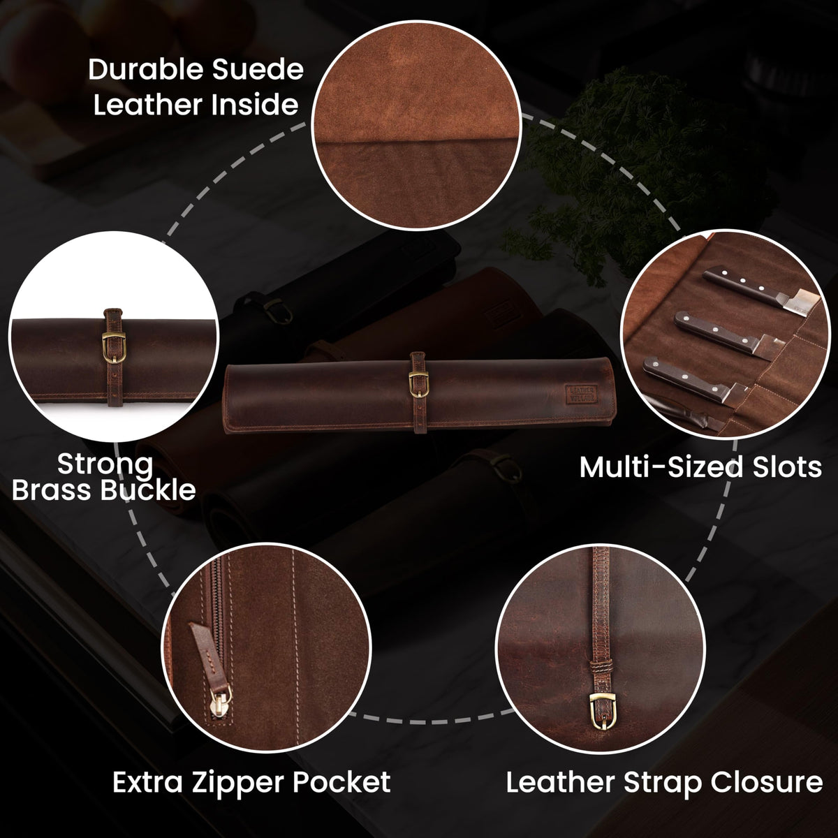 LEATHER VILLAGE Genuine Leather Knife Roll Bag – Professional Chef Carrying Case, Durable Sheath Holder, Cooks & Culinary Tools Organizer, Portable Travel Storage with 4 Slots & Zipper - Cherry