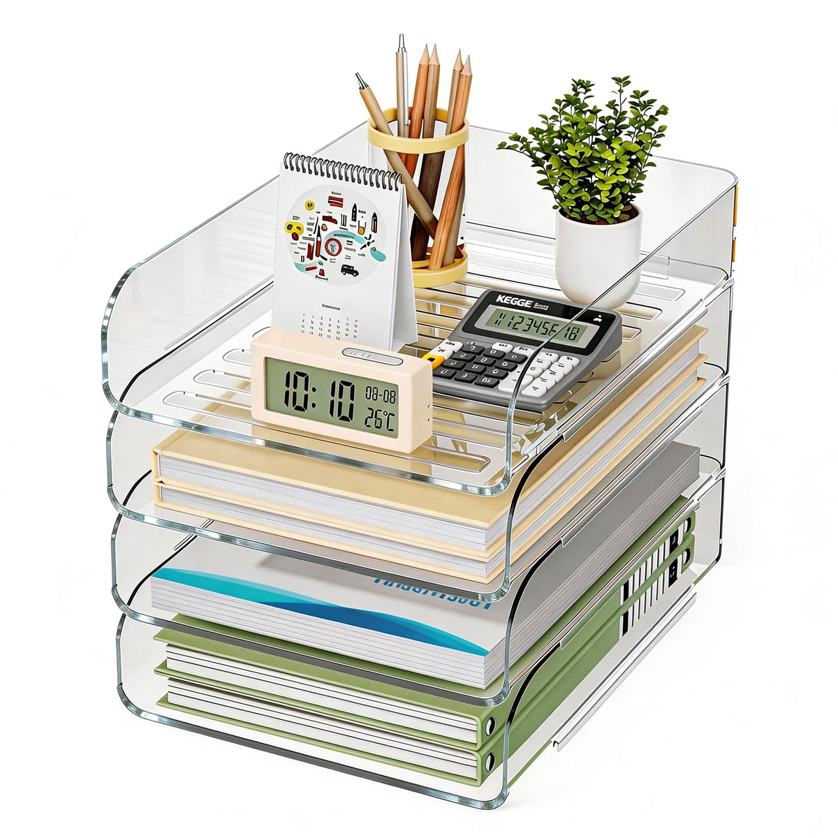 HIYOHIYO Office Acrylic Clear A4 Paper Organizer for Desk, Stackable Office Desk Paper Organizer, Large Capacity Desktop Papers Tray Holder, Organizer for A4 File Folder, 4 Tier Vertical Style