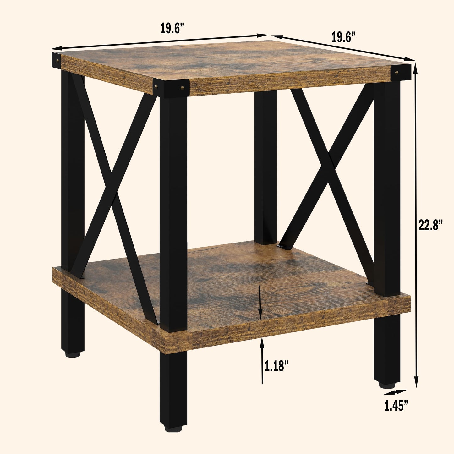 MMEOLUOOK Large End Table Farmhouse Side Table Industrial Style Sofa Table Coffee Table Metal X Accent Wood End Table NightStand with Storage Shelf for Living Room Bedroom MLBZ16R