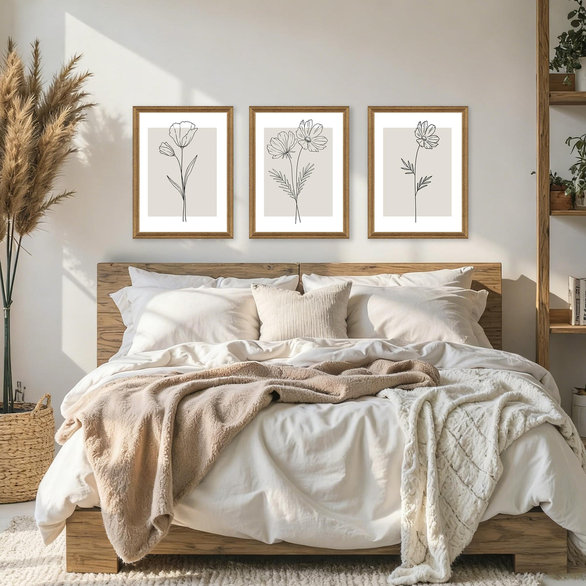 ICHZUMW Neutral Botanical Floral Wall Art, Black and White Farmhouse Flowers Wall Decor, Modern Minimalist Line Art Canvas Prints, Beige Artwork, Living Room Bedroom Home Office, Set of 3, 12x16in
