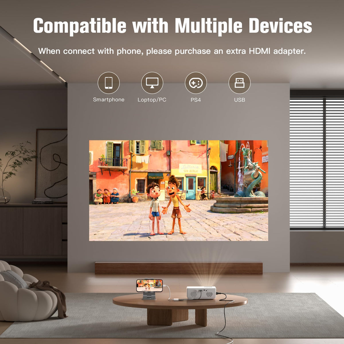 AuKing Projector, 2026 Upgraded Mini Projector, Full HD 1080P Home Theater Video Projector, Compatible with HDMI/USB/AV/Smartphone/TV Box/Laptop