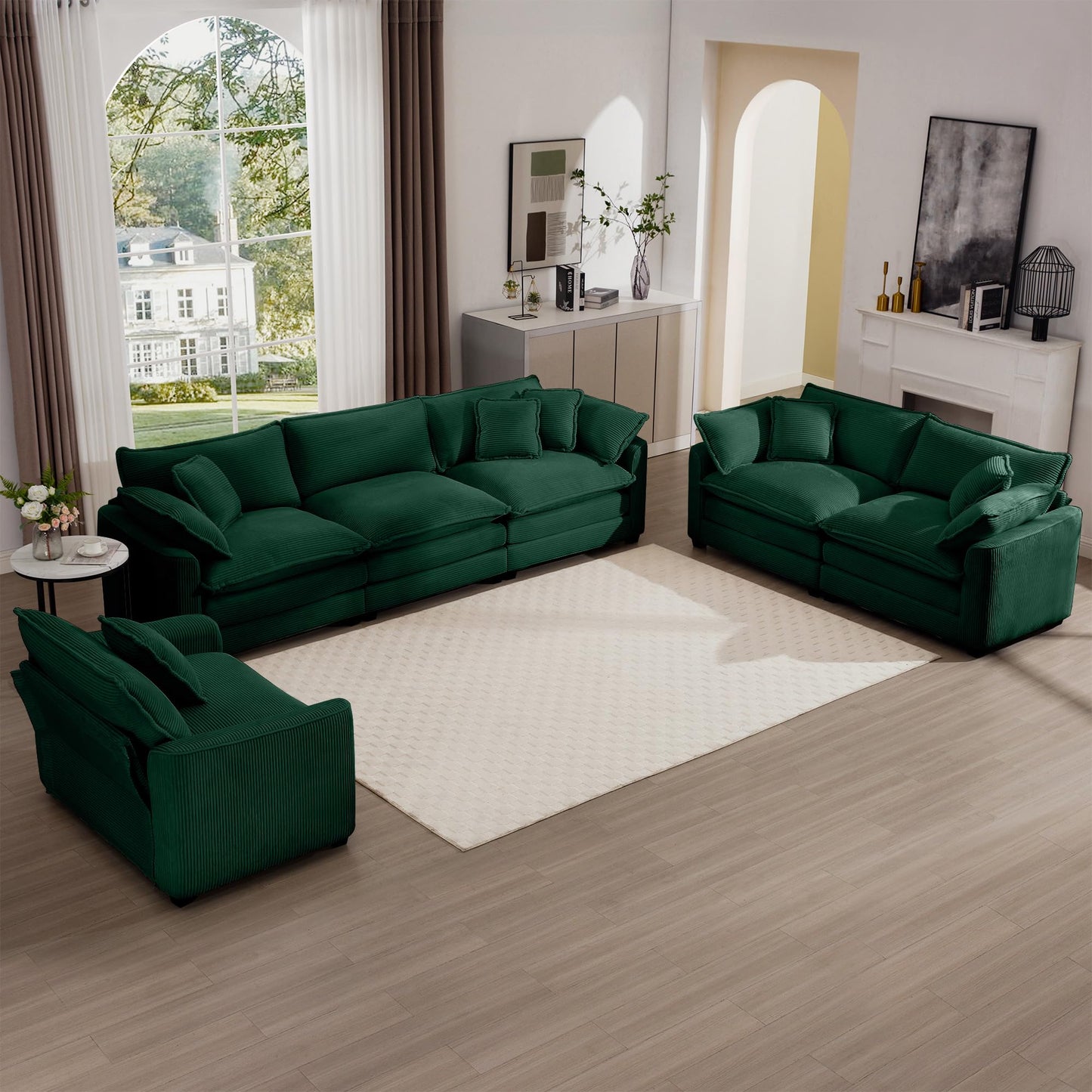KEIKI 3-Piece Sofa Set with 1 Oversized Corduroy 3-Seater Sofa & 1 Loveseat & 1 Single Sofa, Upholstered 6-Seater Couch Set with 10 Pillow, High-Density Foam Cushions, for Living Room, Green