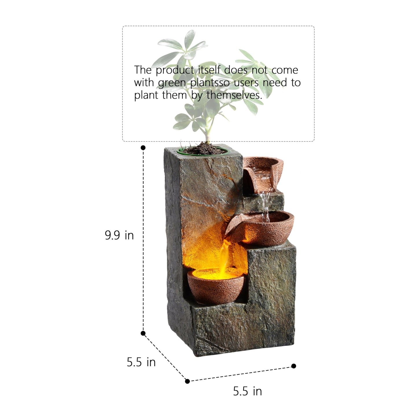 MSEONWXI Tabletop Indoor Water Fountain – 3-Tier Rock Waterfall Fountain with Warm LED Light and DIY Planting Pot – Relaxing Small Water Feature for Desk or Home Decor (23061)