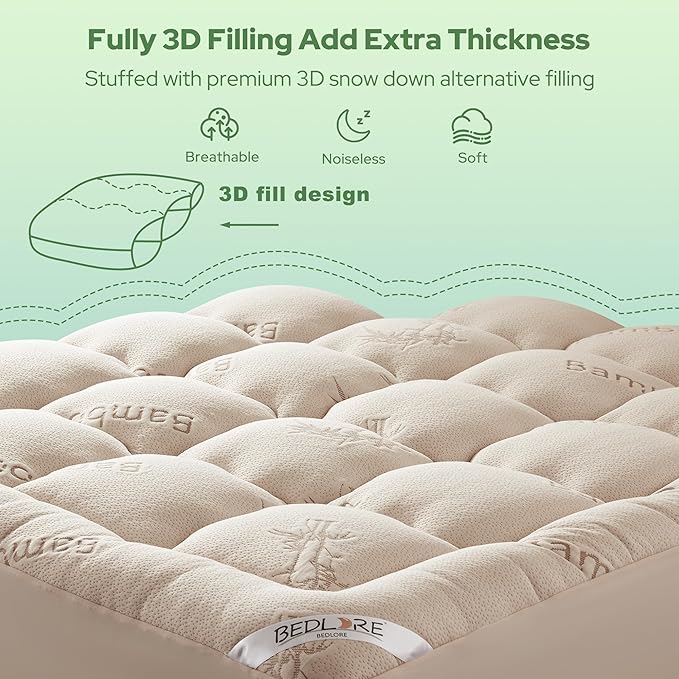 BEDLORE Twin XL Mattress Topper Viscose Derived from Bamboo, Thick Pillow Top