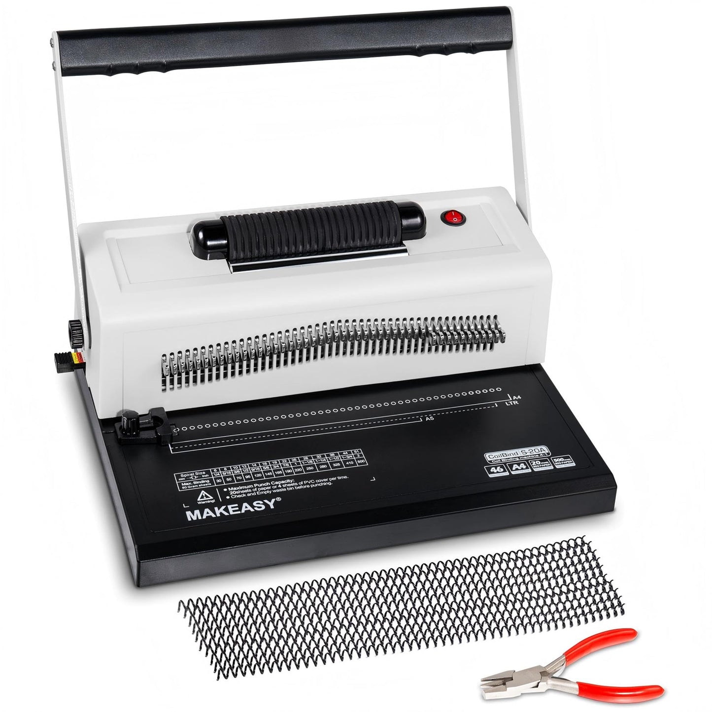 MAKEASY Spiral Coil Binding Machine with 46 Fully Disengaging Pins - 4:1 Pitch - Electric Coil Inserter - Adjustable Side Margin, Comes with Free 1 Box Coil Spines & Plier, 20 Sheet Punch Capacity