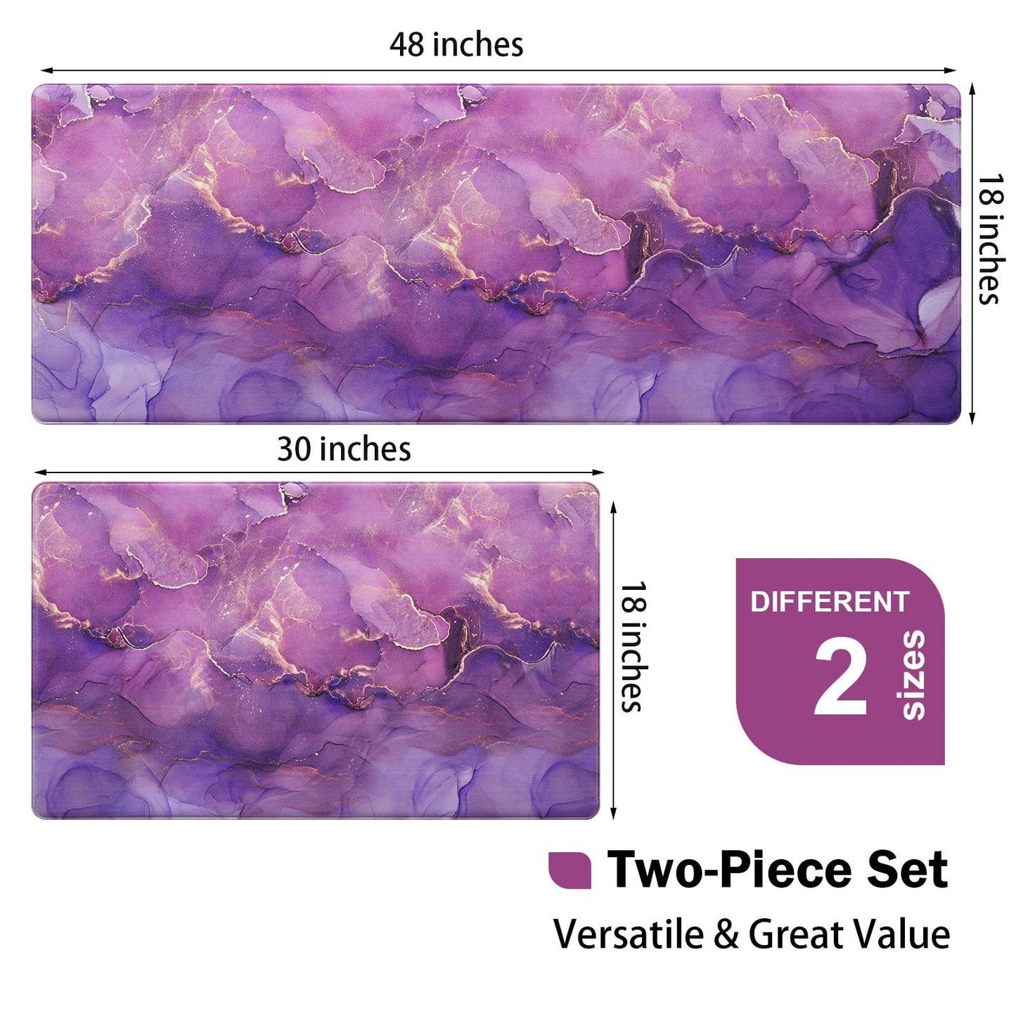 Likiyol Marble Kitchen Rugs Set of 2 Anti Fatigue Mats, Purple Ombre Non Slip Washable Comfort Mats, 18'' x 30'' + 18'' x 48''