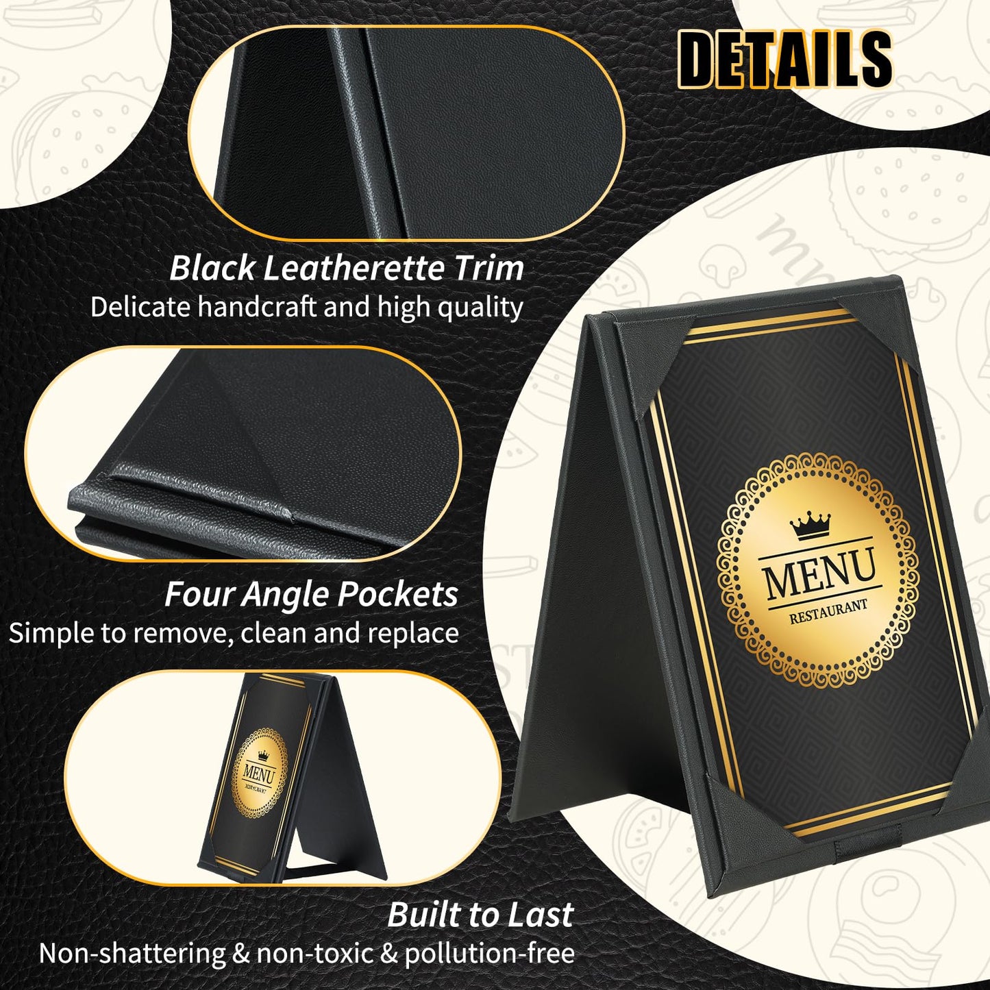 FLKQC 12 Pack Double-Sided Menu Holders 4"x 6", PU Leatherette A-Frame Table Tents for Restaurant, Bar, Cafe, Wedding, Durable and Foldable Design (12 pack, 4" x 6")