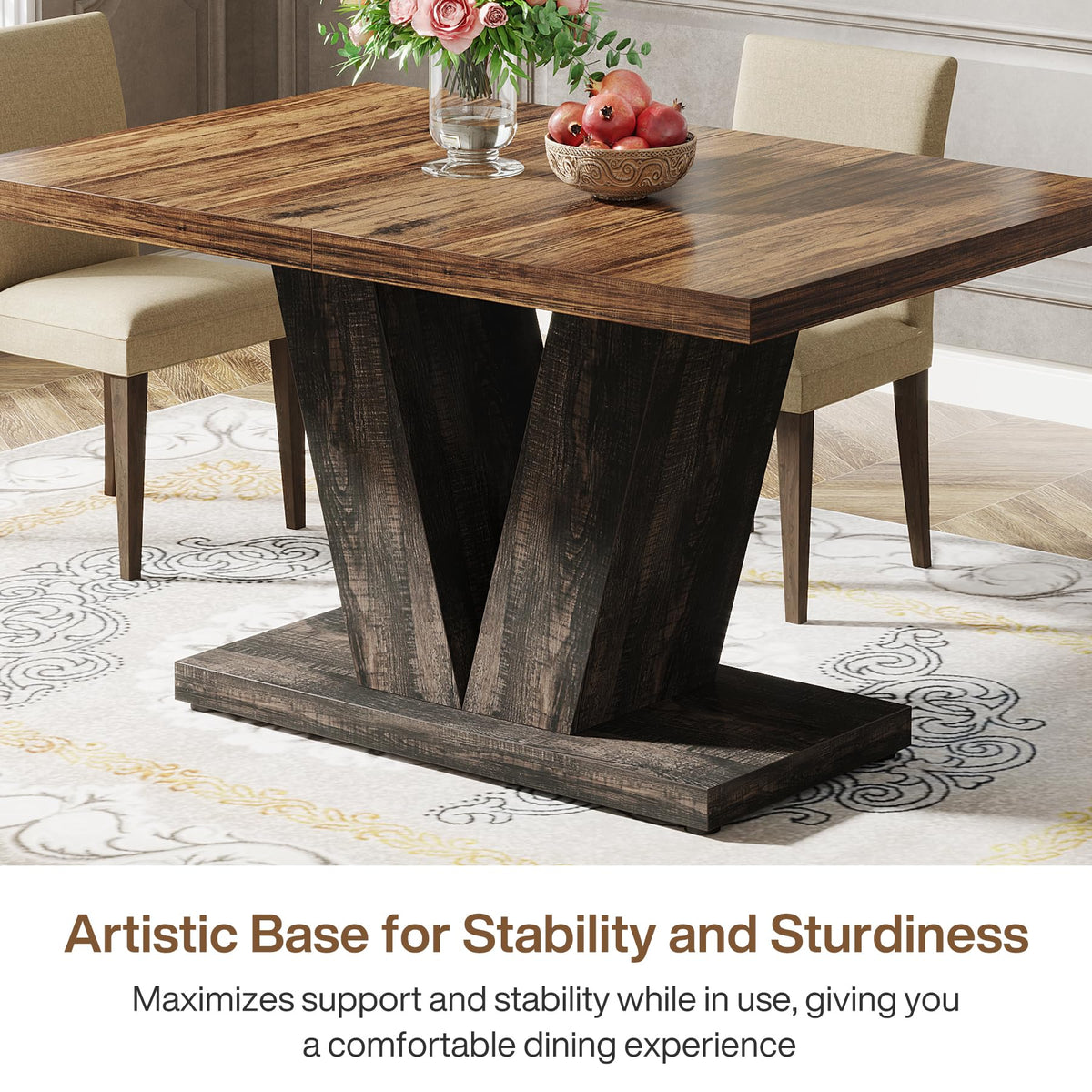 Tribesigns 47-Inch Dining Table for 4, Black Kitchen Dinner Table with Heavy Duty Pedestal, Farmhouse Wooden Eating Table for Home, Dining Room, Small Space, Black & Brown