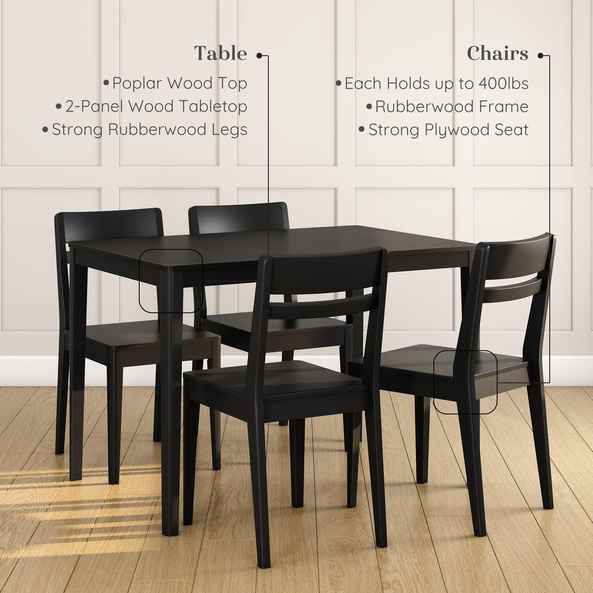 Grain & Grove Crew 5-Piece Dining Set – Solid Wood 43” Rectangular Table and 4 Chairs, Seats 4, Small Kitchen or Dining Room Set, Easy Assembly, Black