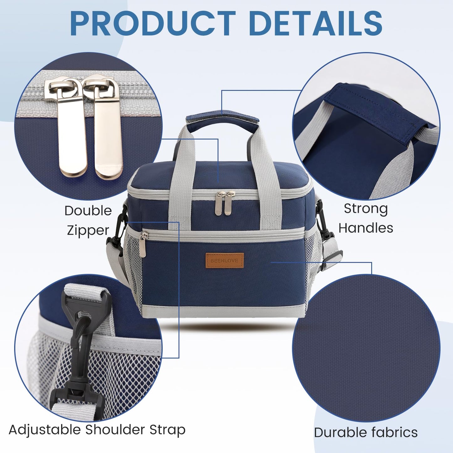 SODEER Lunch Box for Women and Men Reusable,Leakproof Lunch Cooler,Lunch Box with Shoulder Strap for Meal Office Tour,Navy Blue