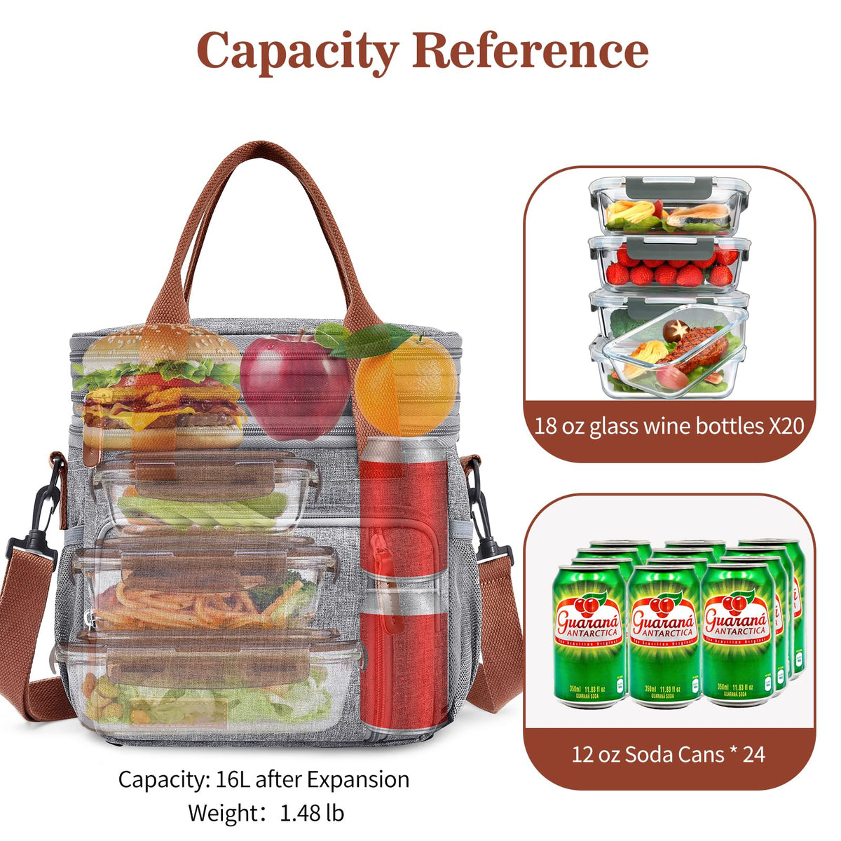 Lunch Box & Lunch Bag for Women Men, Expandable Large Insulated Adult Lunch Bag with Strap, Double Deck Leakproof Lunchbox Durable Cooler Bags for Work Picnic Beach,16L, Gray
